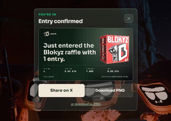 A confirmation screen showing "Entry confirmed" for the Blokyz raffle with 1 entry, displaying 0.03 ETH spent, 7,000 total entries, and a 3.03ETH prize pool. The image supports the user's post about trying their luck to win Blokyz NFTs, with action buttons to "Share on X" or "Download PNG."