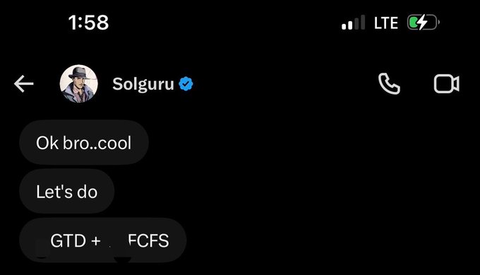 A text conversation screenshot from an iPhone showing messages from "Solguru" (with a verified checkmark) at 1:58 on LTE, reading "Ok bro..cool," "Let's do," and "GTD + FCFS," indicating a confirmed allocation arrangement with first-come-first-served spots for the @exitlabsdotfun collaboration mentioned in the post.