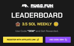 A promotional graphic for RUGS.FUN featuring the bold text "LEADERBOARD" and "3.5 SOL WEEKLY" alongside a Bitcoin icon, instructing users to "Use Code 'DEM' and Get Rewarded." The post promotes a gambling-style crypto game on Solana, where users can reportedly turn "1 to 2 $SOL ($200) in 10 seconds," with the image serving as an incentive to register using the affiliate code DEM for potential earnings on the platform's weekly leaderboard.