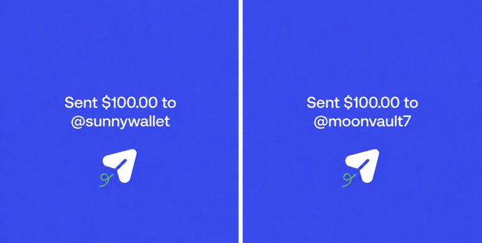 Two side-by-side screenshots on a blue background confirm $100.00 payments sent to Solana wallets "@sunnywallet" and "@moonvault7," illustrating the winners being selected for the airdrop.