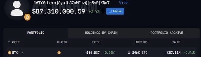 A cryptocurrency portfolio dashboard showing a total value of $87,310,000.59 with BTC holdings of 1.346K BTC valued at $87.31M, alongside an address beginning '167YVzHeroj8yui...'.