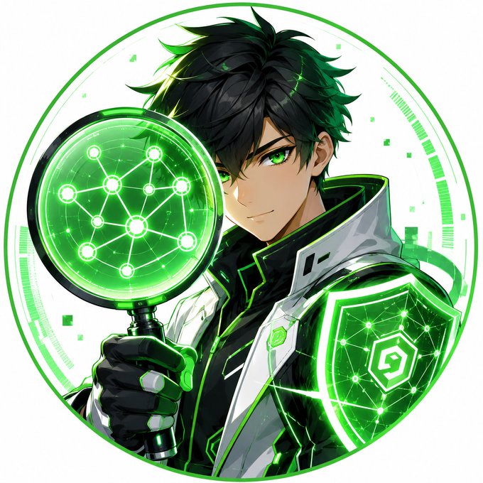 An anime-style illustration of a young man with green eyes and black hair, holding a glowing green digital orb, wearing a white and black jacket with glowing green accents.