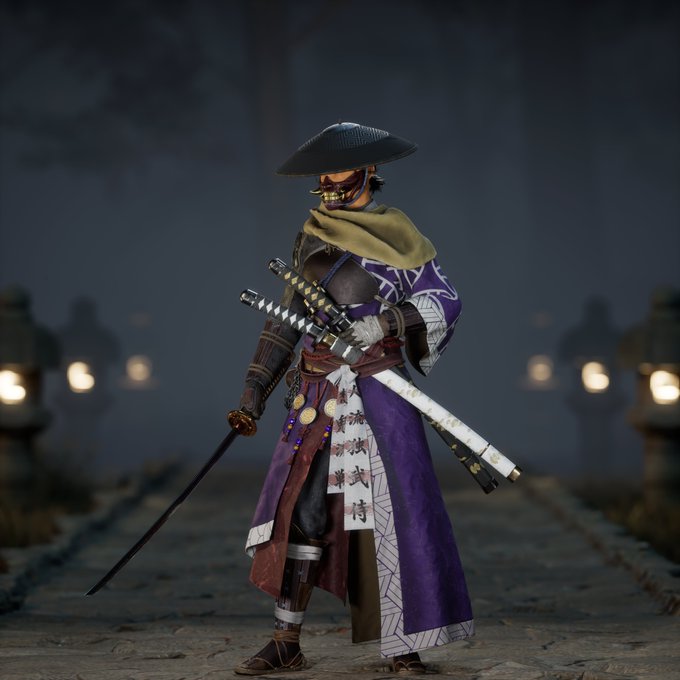 A samurai warrior stands in traditional gear featuring a wide-brimmed hat, golden half-mask, purple robes, and two swords, with Japanese characters visible on hanging tags. The image represents the "Eternal Blades" game character, visually embodying the launch announcement to the game's warrior community.