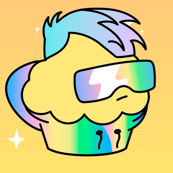 A cartoon-style illustration of a holographic, iridescent cupcake with yellow frosting, blue hair-like swirls on top, and reflective rainbow-colored sunglasses, set against a pastel yellow background with white sparkle accents—showcasing one of the artist's minted NFT collectibles from YoodlesReborn.