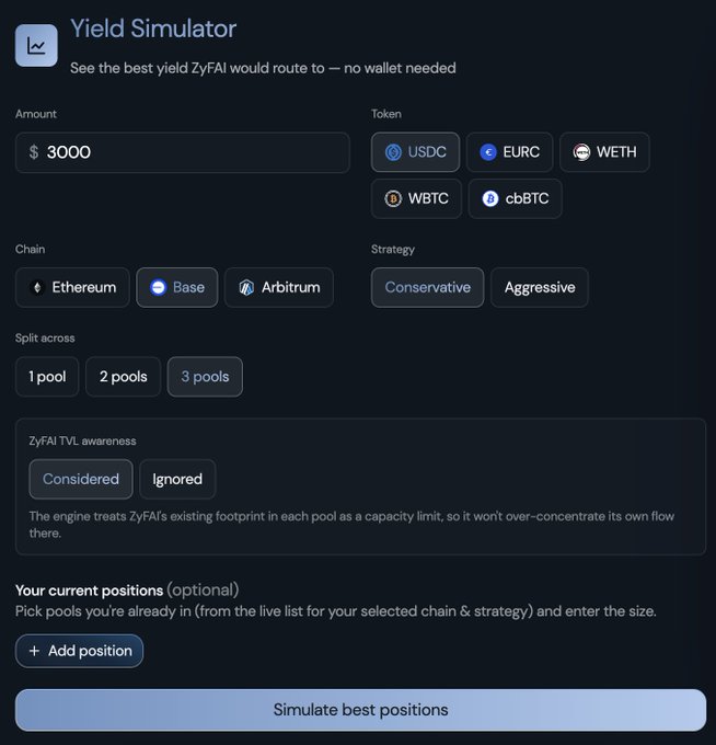 A 'Yield Simulator' interface showing a $3000 amount input with options for tokens (USDC, EURC, WETH, WBTC, cbBTC), chains (Ethereum, Base, Arbitrum), and strategies (Conservative, Aggressive).
