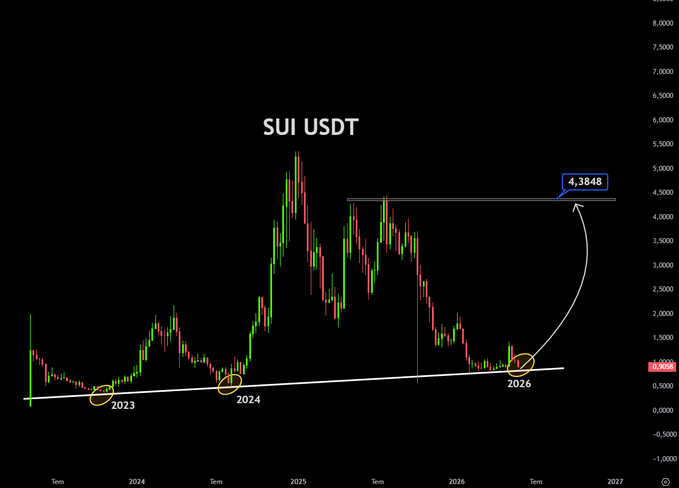 The image features a graph of the SUI USDT currency exchange rates against dates, likely showing fluctuations over time. The graph displays a significant rise and fall in value for the USDT currency, indicating an interesting trend or pattern that could affect the exchange rate between the two currencies. Additionally, there is text on the graph suggesting a preparation for a major shift from historic lows to a substantial rise in the exchange rate.