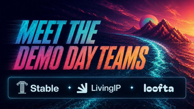 A vibrant retro-futuristic banner reads 'MEET THE DEMO DAY TEAMS' featuring logos for Stable, LivingIP, and loefta against a sunset beach backdrop.