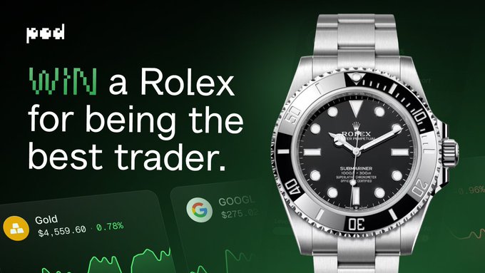 The image features an advertisement for a Rolex Submariner watch, which is described as the "fastest" or "most accurate" brand of luxury wrist watches available. The background has a green color with white text indicating that this is part of a testnet trading competition and there's a chance to win a Rolex Submariner.