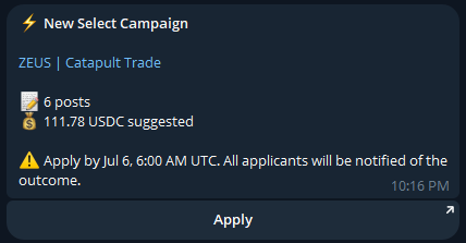 Notification for a new 'Catapult Trade' campaign by ZEUS offering 111.78 USDC, with an application deadline of July 6, 6:00 AM UTC.