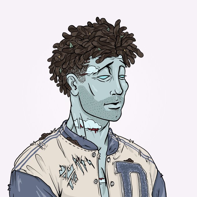 A digital illustration of a blue-skinned zombie-like character with dreadlocks wearing a baseball jersey, with visible wounds and decay.