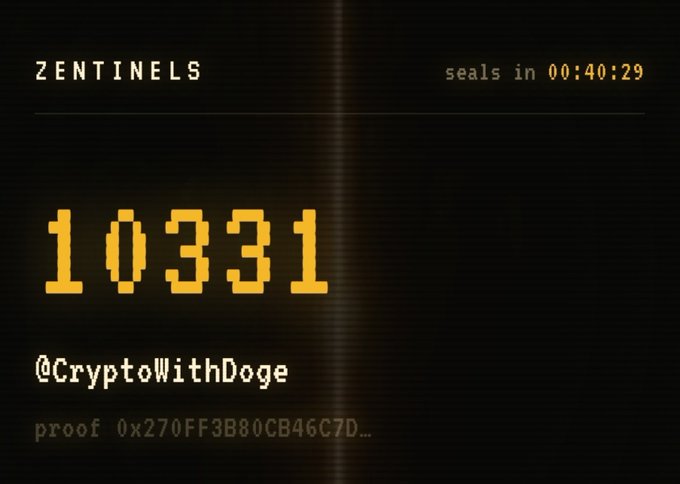 A digital display titled 'ZENTINELS' showing the number '10331' in large yellow digits, with a countdown timer reading 'seals in 00:40:29', attributed to '@CryptoWithDoge' with a proof hash below.