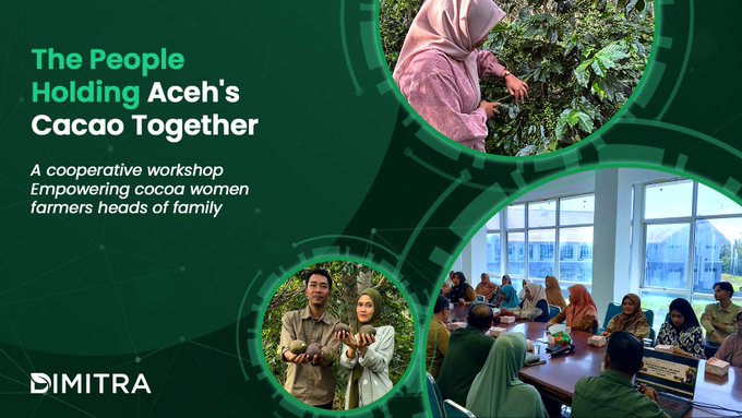 A promotional graphic titled "The People Holding Aceh's Cacao Together" by Dimitra, describing a cooperative workshop empowering women cocoa farmers, featuring photos of women farmers and a training session.