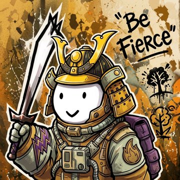A cartoon character dressed in samurai armor wields a katana beneath the bold text "Be Fierce." The fierce warrior imagery complements the post's message about 5,000 hooded characters living on the Robinhood Chain, symbolizing the heroic spirit behind the ofHOOD NFT project.