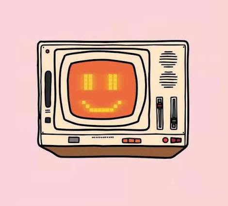 A cartoon illustration of a retro television set displaying a pixelated orange smiley face on a pink background.