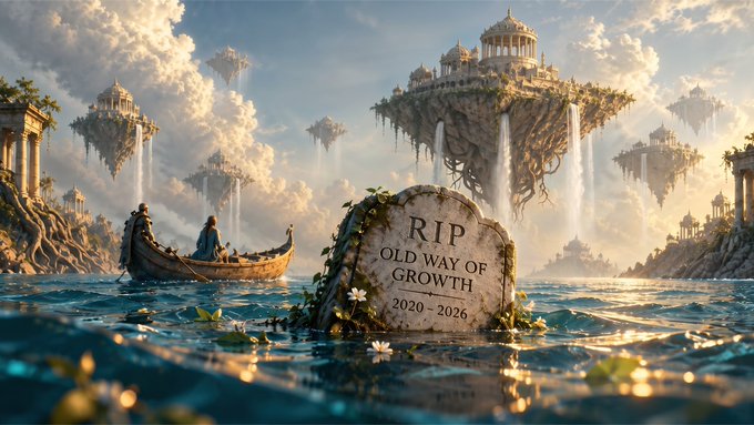 A fantasy digital artwork depicting floating islands with palatial structures above ocean waters, with a tombstone in the foreground reading 'RIP OLD WAY OF GROWTH 2020 - 2026' beside a small boat.