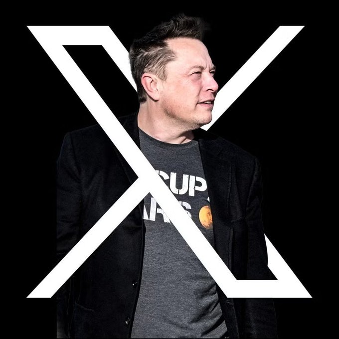 A graphic showing Elon Musk in a dark jacket with an X logo overlay behind him on a black background, representing the social media platform X.