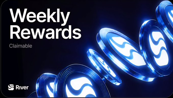 A promotional graphic for "Weekly Rewards" labeled as "Claimable" featuring glowing blue River coins with the River logo in the bottom left corner.