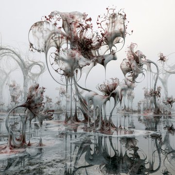 Surreal, otherworldly figures resembling pale, tentacled creatures with red, frilly accents stand in a reflective, watery landscape, evoking a haunting and dreamlike atmosphere. The artwork aligns with the post's showcase of four digital artists (@JM2639, @theogsavageaeri, @Mitocndralorian, @Ynohtnareklaw), reflecting their likely focus on surreal and biomechanical art styles.