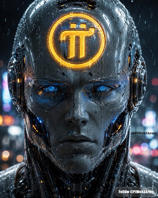 A detailed close-up portrait of a metallic, rain-soaked cybernetic android with glowing blue eyes and a glowing orange Pi (π) cryptocurrency symbol on its forehead, credited to @PIWeb3Army.