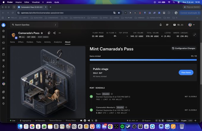 A browser screenshot of OpenSea displaying the 'Camarada's Pass' NFT collection page, showing floor price, volume stats, and a 3D pass collectible.