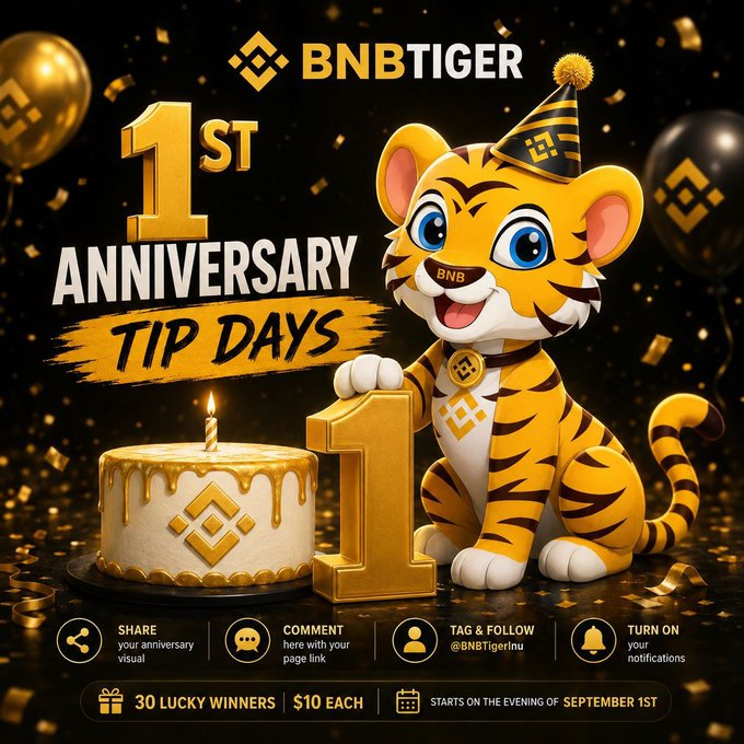 A promotional graphic for BNB TIGER celebrating its 1st Anniversary with 'TIP DAYS,' featuring a cartoon tiger wearing a party hat next to a birthday cake, with instructions to share, comment, tag, and follow, offering 30 lucky winners $10 each starting September 1st.