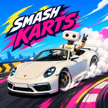 Promotional artwork for 'SMASH KARTS' featuring a robot character making a peace sign while driving a white sports car, set against a vibrant pink and blue background with city skyline elements.