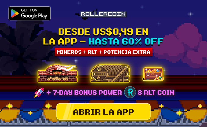 A pixel-art promotional banner for the RollerCoin app, advertising 'DESDE US$0,49 EN LA APP - HASTA 60% OFF' and offering miners, RLT, and bonus power.