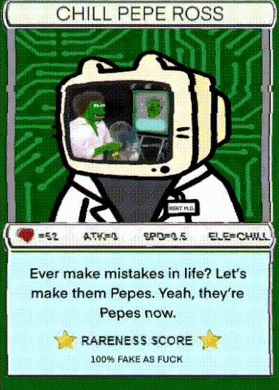 The image features a cartoon character, likely a TV show or movie character, wearing a white lab coat with a green face mask over their eyes. The character appears to be making a mistake while using a computer monitor, which has an image of a person on it. The caption below the image reads "Gm CHILLPEPROSS by @JPeg Killah @FAKERARES_XCP ARE YOU NOT ENTERTAINED?!". This suggests that the post is meant to be humorous or satirical in nature and may not necessarily be about the actual content of the image.