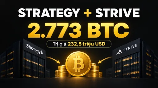 A promotional graphic announcing STRATEGY + STRIVE with 2.773 BTC valued at 232.5 million USD, displayed between buildings representing the two companies above stacks of gold Bitcoin coins.