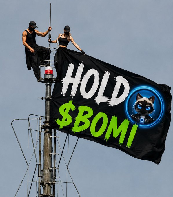 Two people in masks and dark clothing perched on top of a communications tower, holding a large black flag that reads 'HOLD $BOMI' next to a blue-eyed cat logo.