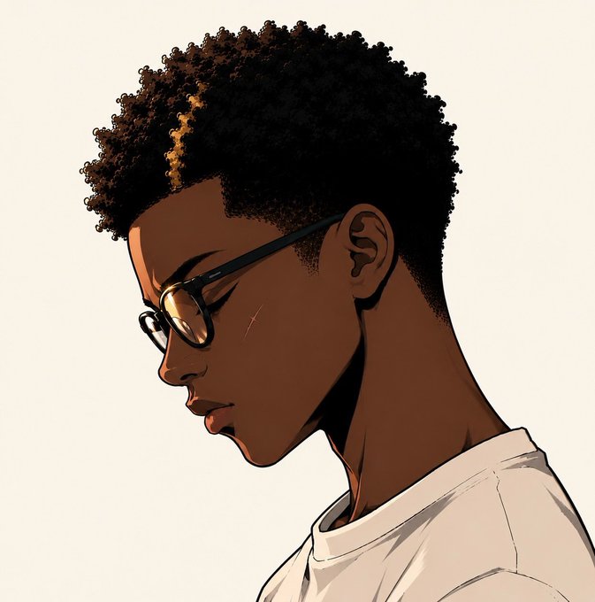 A stylized illustrated portrait shows a profile view of a young Black man with short curly hair and round sunglasses, gazing downward against a cream background. The contemplative pose pairs with the "Thursday" greeting, capturing that midweek, quietly reflective mood.