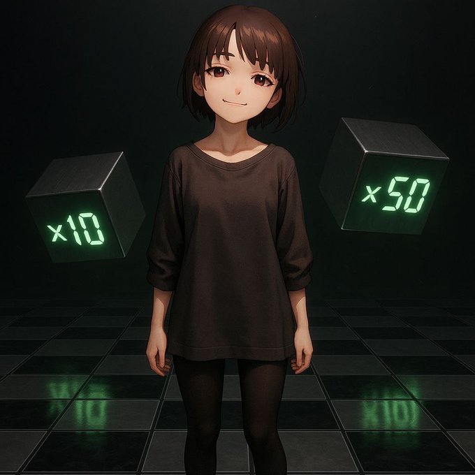 An anime girl in a black shirt stands between two glowing cubes displaying "x10" and "x50," suggesting a giveaway promotion. The cubes' reflections on the floor mirror the numbers, while the post announces a $25 giveaway for someone who follows @zaiisadam1 and joins their Telegram channel.