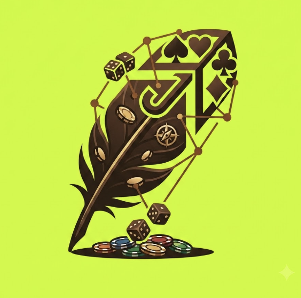 A stylized illustration shows a dark feather quill, a deck of cards featuring spade, heart, club, and diamond suits, colorful dice, and a pile of poker chips arranged in a gambling-themed composition on a bright green background. The image visually represents the casino and gaming elements tied to the "JOINGAMBLE GTD Whitelist Giveaway" promotion for a new gaming platform.
