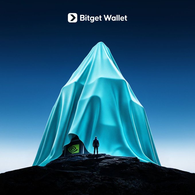 A person stands before a towering, cloth-covered mountain-like form under a blue sky, with the NVIDIA logo visible at its base and “Bitget Wallet” at the top. The dramatic “big week” teaser hints at an upcoming major Bitget Wallet–NVIDIA-related announcement or partnership.