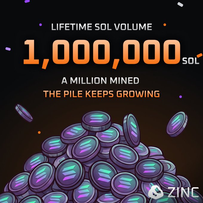 The image features a large pile of coins stacked up against a black background with the text "1,000,000 SOL" written above them. The coins are predominantly blue and purple in color. Below this, there's a block of text that reads "A MILLION MINED THE PILE KEEPES GROWING".