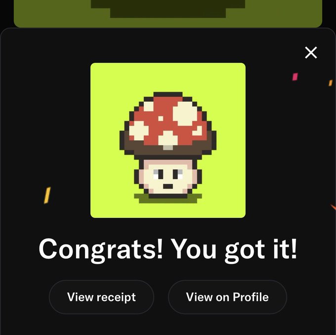 A 'Congrats! You got it!' screen showing a pixel art mushroom character avatar on a green background, with buttons for 'View receipt' and 'View on Profile'.