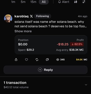 A crypto trading screenshot shows a user named "karobiaq" posting about Solana beach after the ticker changed names, displaying a trade with $29.20 spent, $0.00 position, and a 62.5% loss (-$18.25). The accompanying caption mockingly questions the user's trading expertise given the significant loss shown on the transaction.