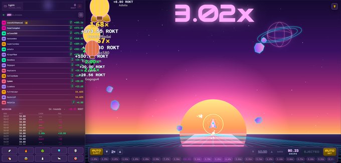 A betting interface screenshot showing a crash-style gambling game with a 3.02x multiplier displayed prominently over a retro sunset backdrop, with a chat panel on the left showing user messages and bets in 'ROKT' currency.
