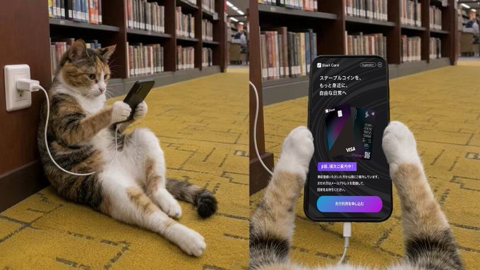 A humorous side-by-side image showing a calico cat leaning against a wall outlet using a smartphone like a human, displaying a Japanese credit card application screen with a purple button reading 'ポイントを貯める' (Earn points).