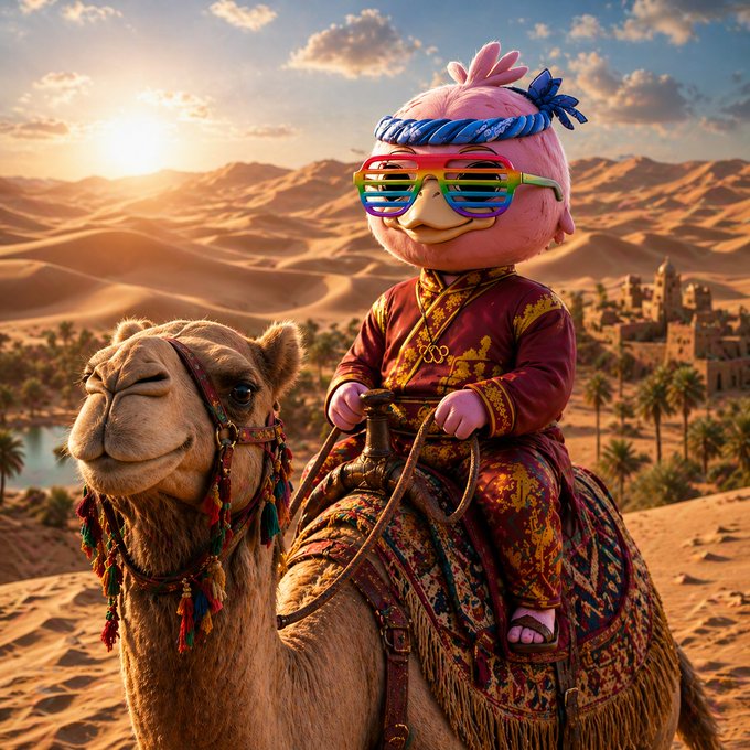The image features a cartoon character dressed up as a camel with sunglasses and a hat riding atop its back while wearing a robe, surrounded by palm trees and mountains. The caption of the image reads "Gm fam, gQuack Happy hump day Checked my @wallchain profile earlier and had one of those moments where you realize progress is easier to see looking backwards".