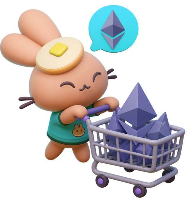 A cute 3D cartoon bunny character pushes a shopping cart overflowing with purple Ethereum (ETH) crypto tokens, with an Ethereum logo displayed in a speech bubble, visually representing the concept of collecting a mystery stock of Ethereum on PancakeSwap as referenced in the post.