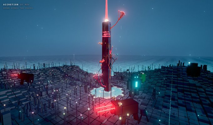 A surreal 3D rendered landscape at night featuring a tall central tower with red tendrils, surrounded by a vast checkered grid under a starry sky, with text reading 'ACCRETION BY MDU' and 'SOUND DESIGN: THE EMBN'.