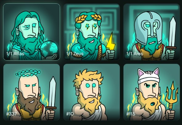 A grid of six cartoon-style NFT avatars depicting Greek gods including Atlas, Zeus, Ares, and others, labeled with edition numbers like 1/1 Atlas, 1/1 Zeus, #337, #10, and #115.