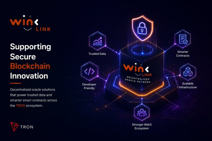 A promotional graphic for WINkLink, a Decentralized Oracle Network on the TRON blockchain, highlighting features like 'Trusted Data,' 'Smarter Contracts,' 'Developer Friendly,' 'Scalable Infrastructure,' and 'Stronger Web3 Ecosystem' under the tagline 'Supporting Secure Blockchain Innovation.'