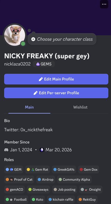 A Discord-style profile page for "NICKY FREAKY (super gey)" with username nicklaza0202, showing edit profile buttons, a Twitter handle (0x_nickthefreak), member since dates, and various role tags including GEM, Gem Rat, GreekGAYs, and Football.