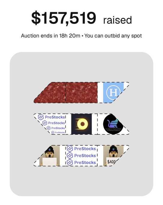 An auction interface showing '$157,519 raised' for a pixel-art image made of various sprites including 'PreStocks' logos, a record, and other meme references, with the auction ending in 18 hours and 20 minutes.