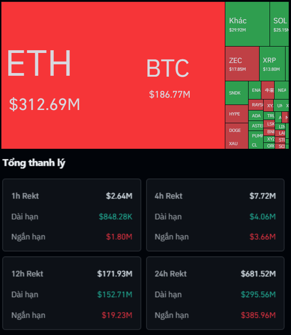 A cryptocurrency liquidation dashboard displays Ethereum (ETH) at $312.69M and Bitcoin (BTC) at $186.77M, alongside various altcoins and total liquidation figures in Vietnamese.