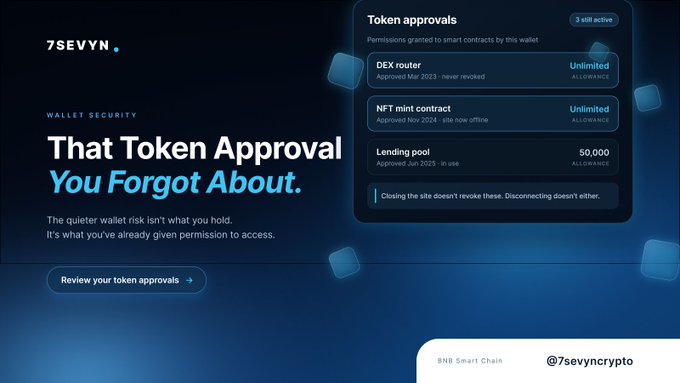 A 7SEVYN wallet security ad reads "That Token Approval You Forgot About." and lists permissions including "DEX router" and "NFT mint contract," with the tagline "BNB Smart Chain" and handle "@7sevyncrypto."