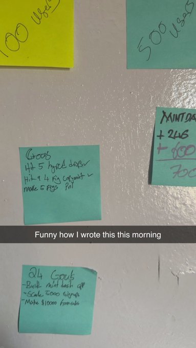 The image shows three green Post-it notes on a whiteboard detailing financial and life goals, including "$100k," "500 Users," "Goals: Hit 5 figd dish, Hit 9/10 fig copar L, Make 5 figs Profit," and "24 Goals: Build Mint dash app, Scale 5000 users, Make $1000 from ads." This aligns with the post celebrating achieving a goal for @_mintdash, as the notes appear to be a morning planning session tracking progress toward scaling the app and reaching key milestones.