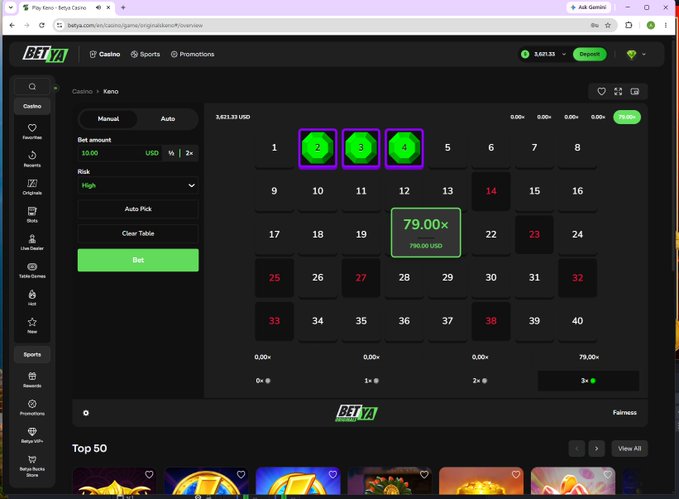A screenshot of the BetYa casino website showing a Keno game with bets placed on numbers 2, 3, and 4 for 79.00 USD, with a balance of 3,621.33 USD visible, relating to the post's announcement about streaming gambling gameplay and giving away money on kick.com/luckyace444.